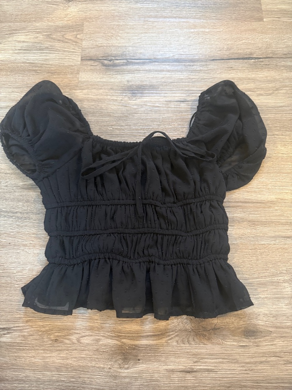 Black Smocked Peasant Top with Puff Sleeves
